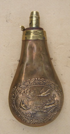 A GOOD+ AMERICAN EMBOSSED BRASS POWDER FLASK, ca. 1850s view 2