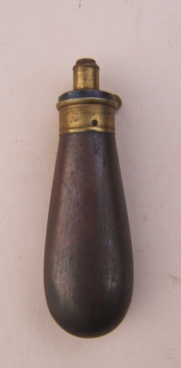 A FINE 19th CENTURY ENGLISH SMALL-SIZED (PISTOL-TYPE) COPPER POWDER FLASK, by 