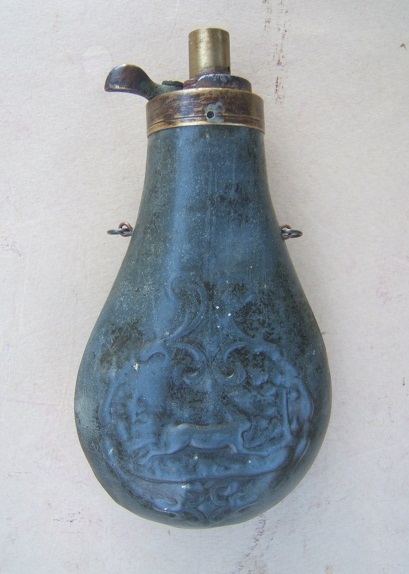 A VERY GOOD RABBIT EMBOSSED ZINC POWDER FLASK, ca. 1860view 1