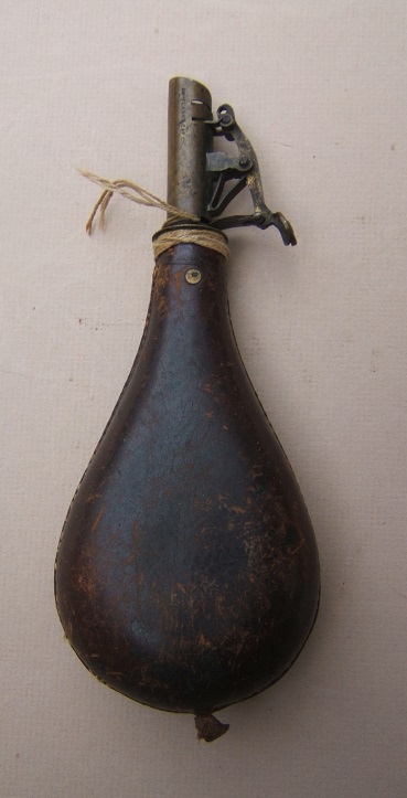 A VERY GOOD MID 19TH CENTURY AMERICAN LEATHER SHOT FLASK, ca. 1860 view 1