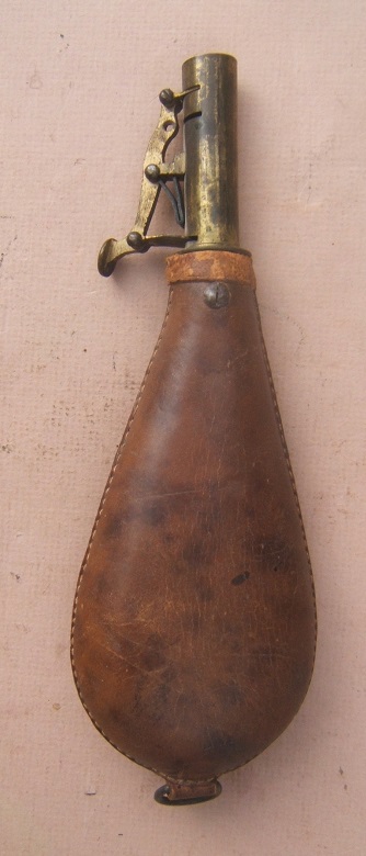 A VERY GOOD MID 19TH CENTURY LEATHER SHOT FLASK, ca. 1860 view 1