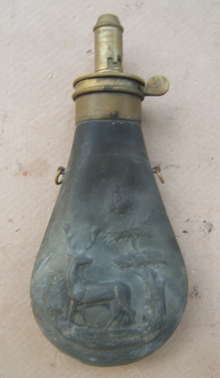 A GOOD MID-19TH CENTURY EMBOSSED ZINC POWDER FLASK w/ STAG MOTIF, ca. 1850 view 1