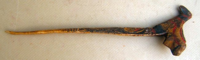 A RARE 19TH CENTURY CARVED AND POLYCHROME SOUTH PACIFIC (NEW GUINEA?) BONE DAGGER, ca. 1850 view1