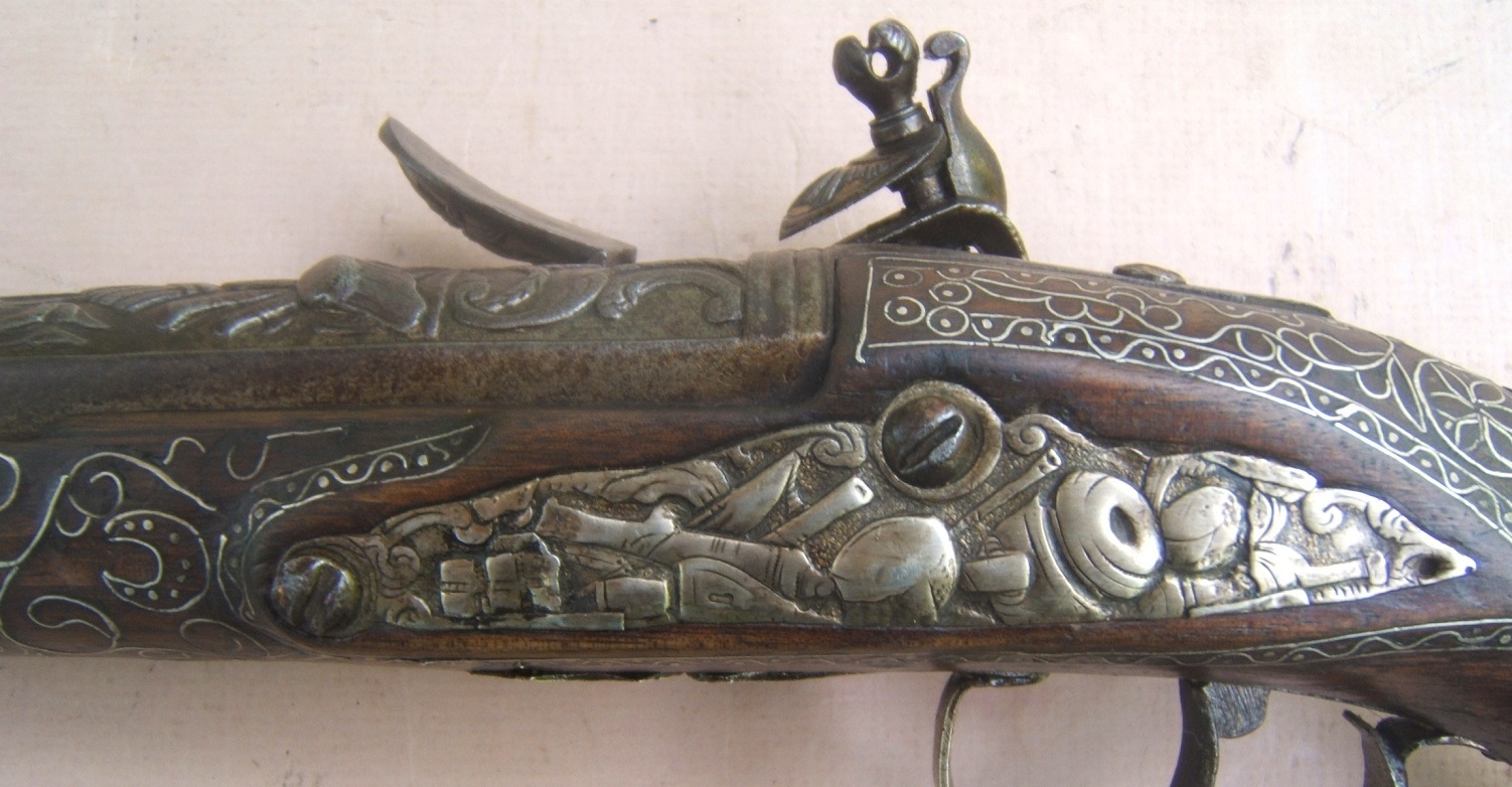 A VERY FINE QUALITY FRENCH SILVER MOUNTED & GOLD DAMASCENED FLINTLOCK HOLSTER PISTOL, by “PEYRTE DUMAREST” (FOR EASTERN/TURKISH MARKET, ca. 1780 view4