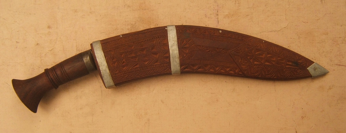 A 20TH CENTURY INDIAN KUKRI KNIFE w/ CARVED WOODEN SCABBARD, ca. 1950 view2
