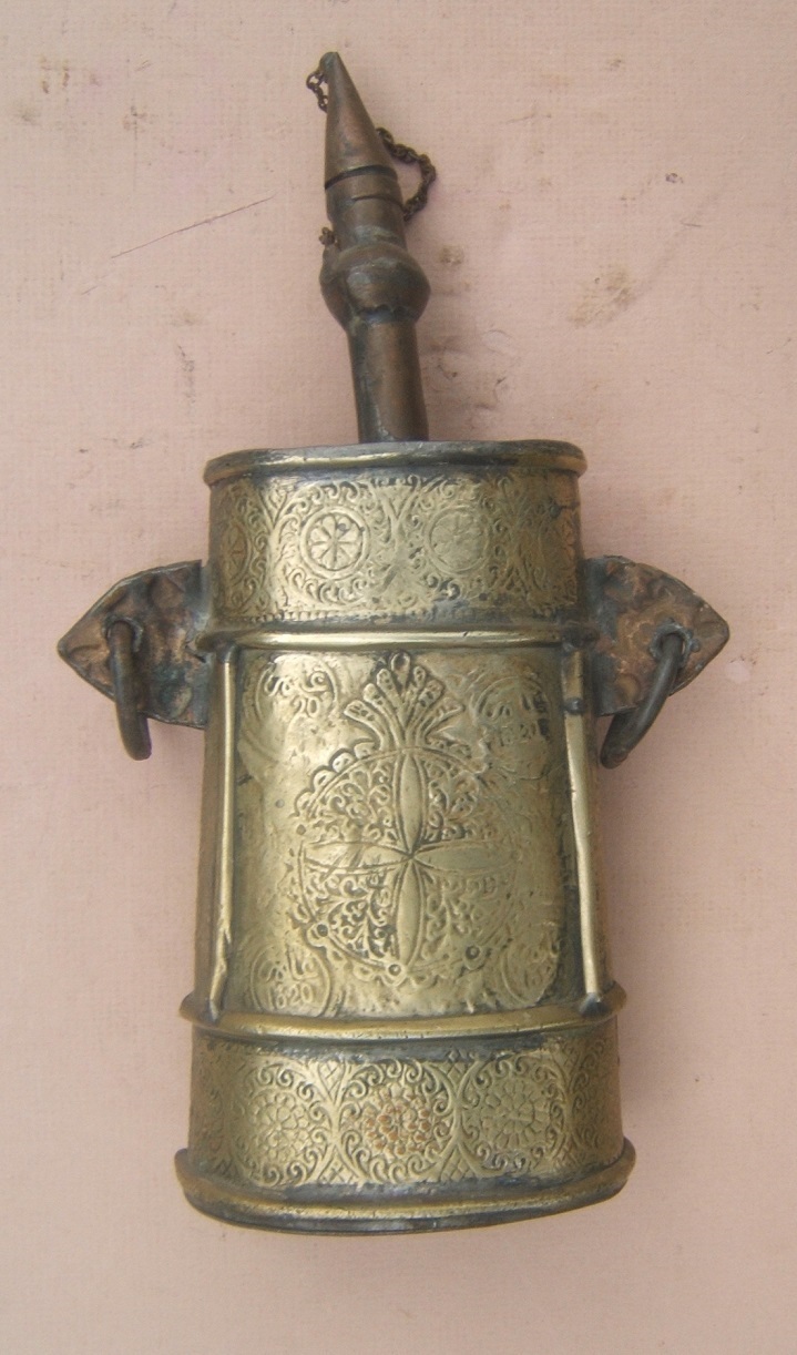 A FINE QUALITY Mid 19th CENTURY EMBOSSED SILVERED BRASS N. AFRICAN (MOROCCAN/TUNISIAN) POWDER FLASK, ca. 1850 view1
