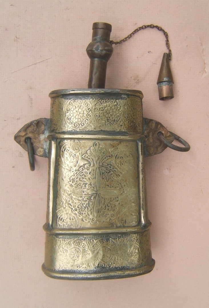 A FINE QUALITY Mid 19th CENTURY EMBOSSED SILVERED BRASS N. AFRICAN (MOROCCAN/TUNISIAN) POWDER FLASK, ca. 1850 view2