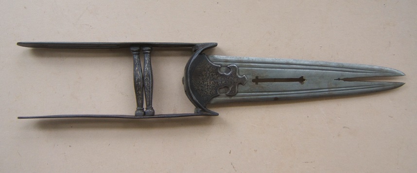 A FINE LATE 19th CENTURY SILVER-DAMASCENED SPLIT-BLADE INDIAN KATAR, ca. 1880 view 1