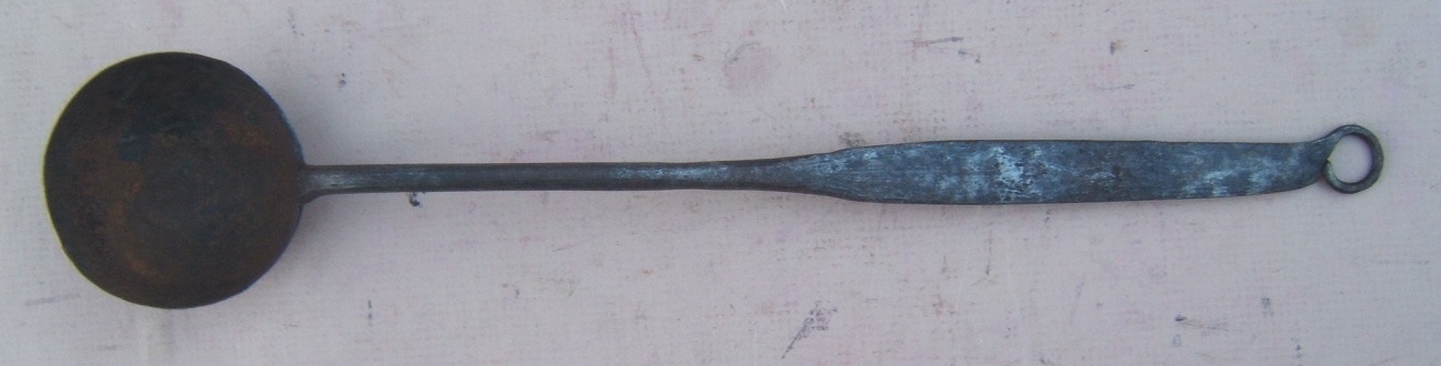 A VERY GOOD COLONIAL AMERICAN/REVOLUTIONARY WAR PERIOD SMALL-SIZED WROUGHT IRON COOKING/DIPPING LADLE, ca. 1770-1800 view1