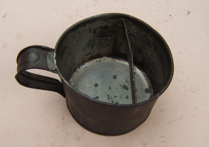 A FINE GROUPING OF AMERICAN CIVIL WAR PERIOD TINNED STEEL MESS-KIT ITEMS, PEWTER MOUNTED 