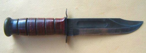 A KOREAN WAR PERIOD USMC KA-BAR FIGHTING KNIFE w/ USMC MARKED SCABBARD, ca. 1950 view 1